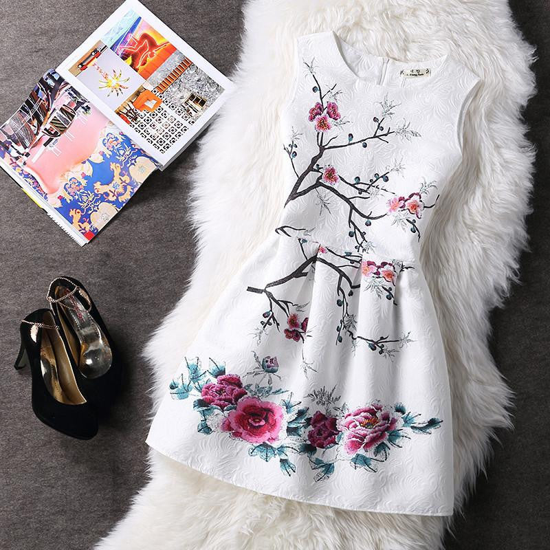 Women Summer A-line Dress Vintage Printed Sleeveless Party Vestido De Festa Female Clothing Jacquard Dresses SXDRS96