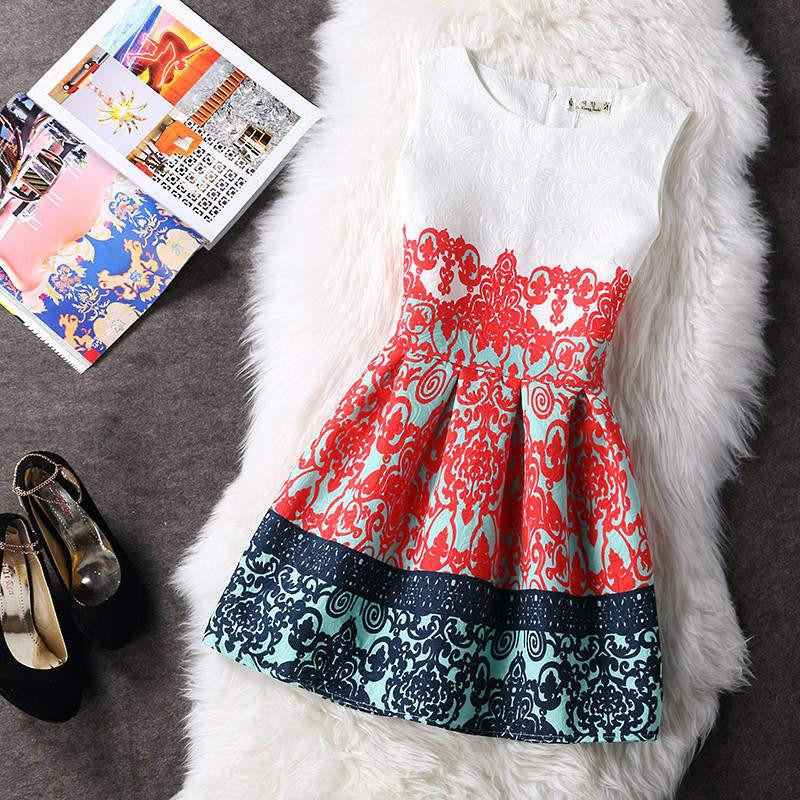 Women Summer A-line Dress Vintage Printed Sleeveless Party Vestido De Festa Female Clothing Jacquard Dresses SXDRS96