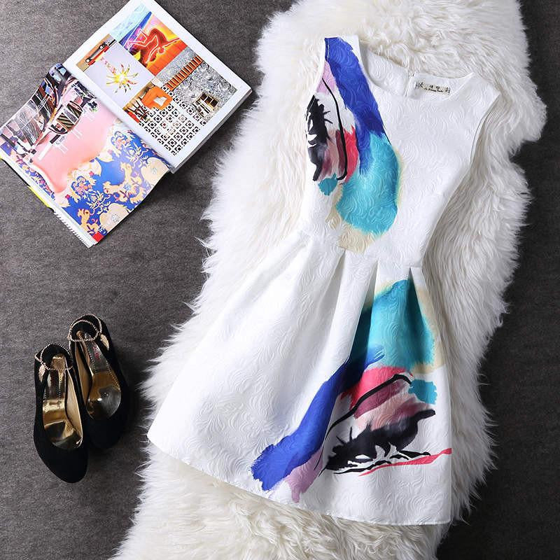 Women Summer A-line Dress Vintage Printed Sleeveless Party Vestido De Festa Female Clothing Jacquard Dresses SXDRS96