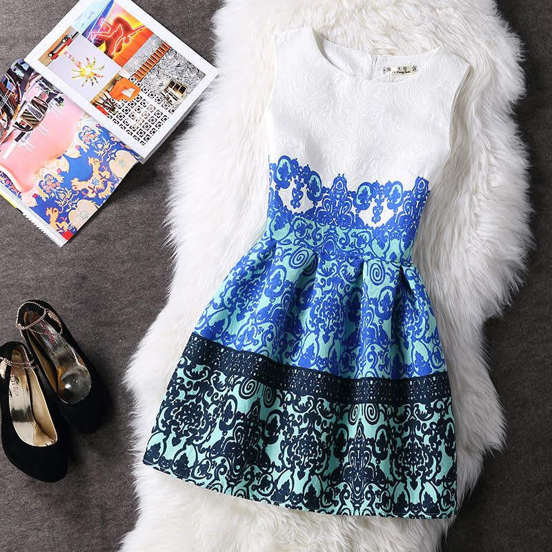 Women Summer A-line Dress Vintage Printed Sleeveless Party Vestido De Festa Female Clothing Jacquard Dresses SXDRS96