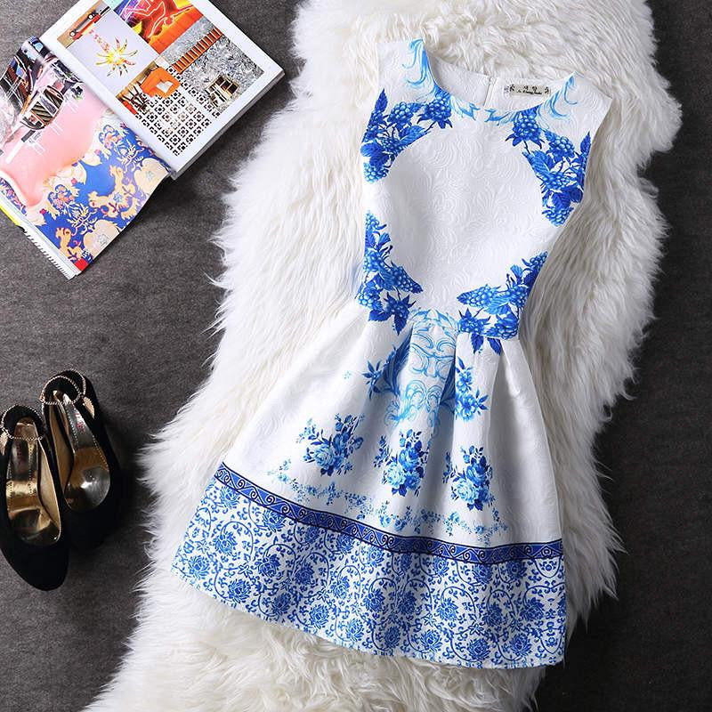 Women Summer A-line Dress Vintage Printed Sleeveless Party Vestido De Festa Female Clothing Jacquard Dresses SXDRS96