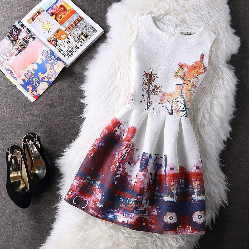 Women Summer A-line Dress Vintage Printed Sleeveless Party Vestido De Festa Female Clothing Jacquard Dresses SXDRS96