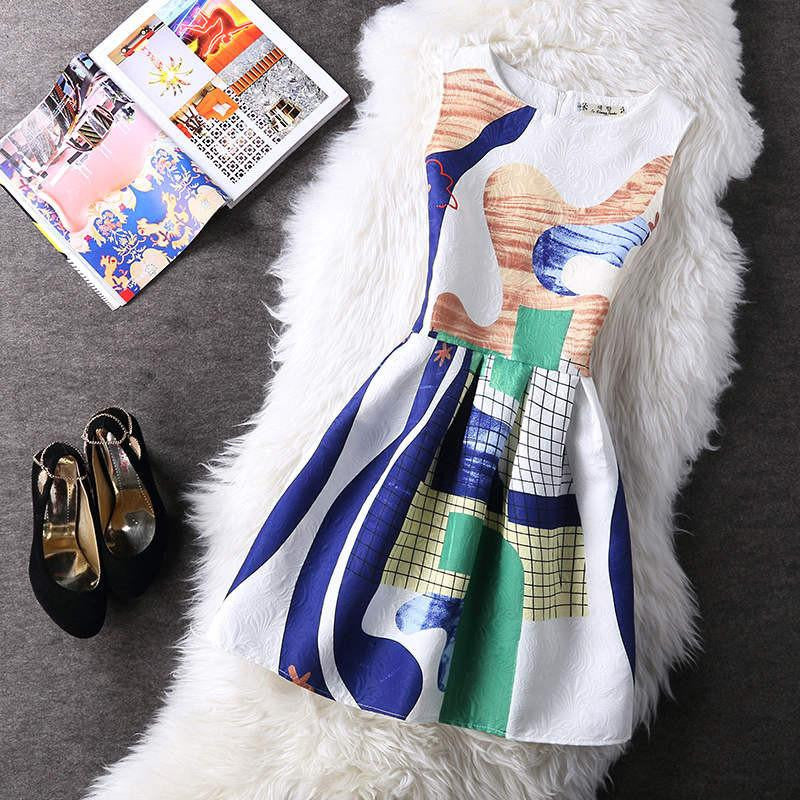 Women Summer A-line Dress Vintage Printed Sleeveless Party Vestido De Festa Female Clothing Jacquard Dresses SXDRS96