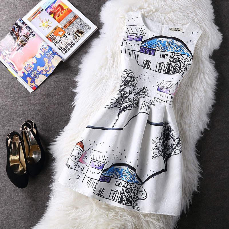 Women Summer A-line Dress Vintage Printed Sleeveless Party Vestido De Festa Female Clothing Jacquard Dresses SXDRS96