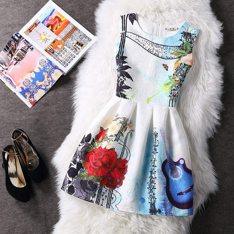 Women Summer A-line Dress Vintage Printed Sleeveless Party Vestido De Festa Female Clothing Jacquard Dresses SXDRS96