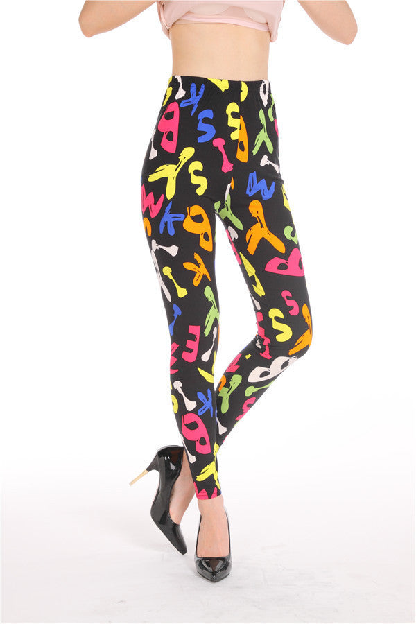 Fashion Casual Cotton BRUSHED Black Milk Leggings Pants Female Elastic Plaid Graffiti Leggings Trousers Women