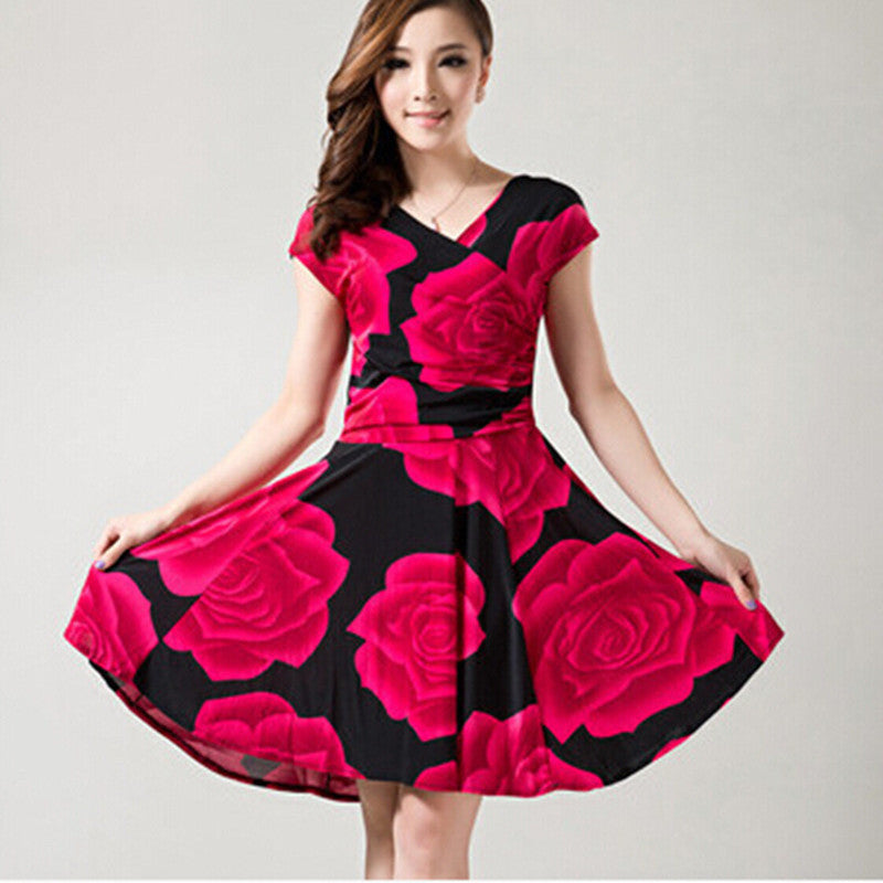 Women Spring Boho Asymmetrical One-piece Floral Print Plus Size Clothing V-neck Short-sleeve Summer Beach Dress QA282