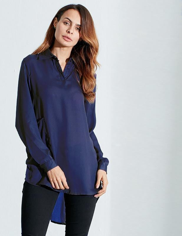 Style Women Long Tops V Neck Pocket Solid Long Sleeve Blouses Casual Loose Mini Dress Shirts US Plus Size 4-24
