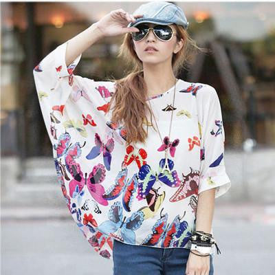 Tops Plus Size Women Clothing Style Batwing Sleeve Women Blouses Floral Print Women's Chiffon Shirts