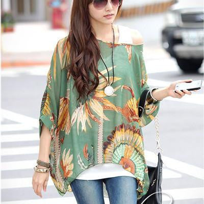 Tops Plus Size Women Clothing Style Batwing Sleeve Women Blouses Floral Print Women's Chiffon Shirts