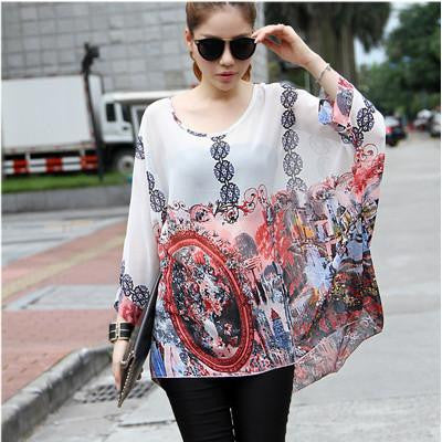 Tops Plus Size Women Clothing Style Batwing Sleeve Women Blouses Floral Print Women's Chiffon Shirts