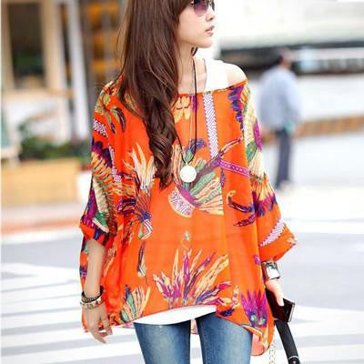 Tops Plus Size Women Clothing Style Batwing Sleeve Women Blouses Floral Print Women's Chiffon Shirts