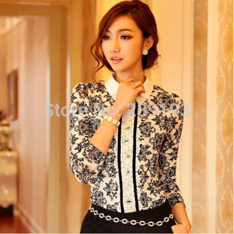 Women Blouses Fashion Flower Pring Long Sleeve Collar Body Shirt Ladies Elegant Lace Fleece Blouse