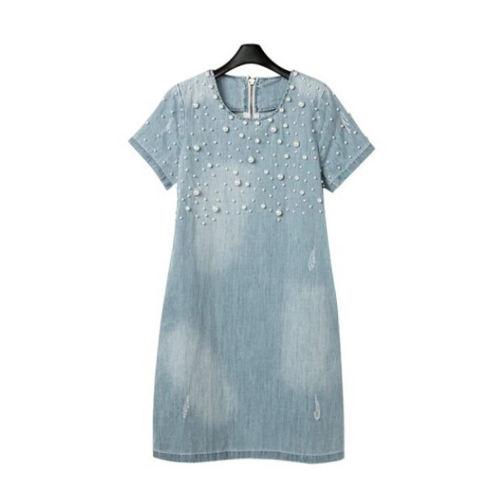 Summer Women Dress Loose Short-Sleeve Beaded Denim Dresses Vestidos Party Dress Plus Size S-5XL