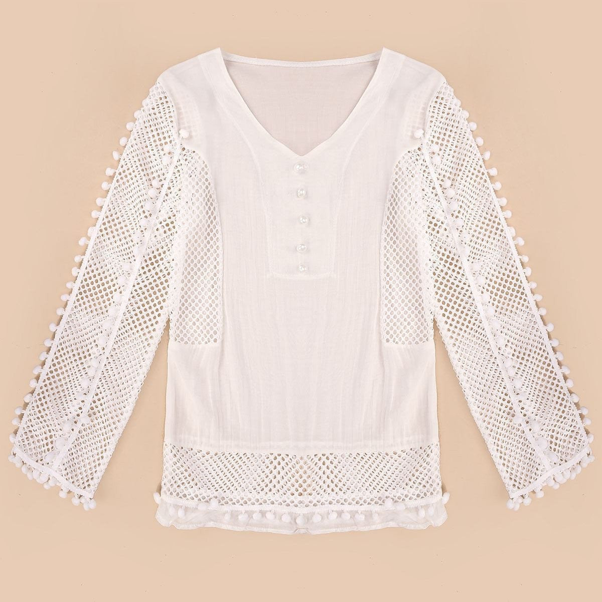 Lace Chiffon Blouse Women V-neck 3/4 Sleeve Hollow Out White Shirts Casual Loose Tops Plus Size S-3XL