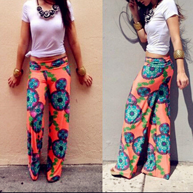 Summer Women Pants Casual High Waist Flare Wide Leg Long Pants Palazzo Trousers Floral Plus Size Classic Pant Preppy