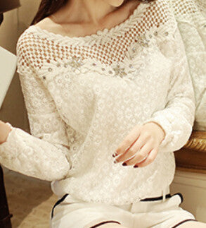 women blouse shirts tops lace chiffon blouses Hollow Out clothes shirt