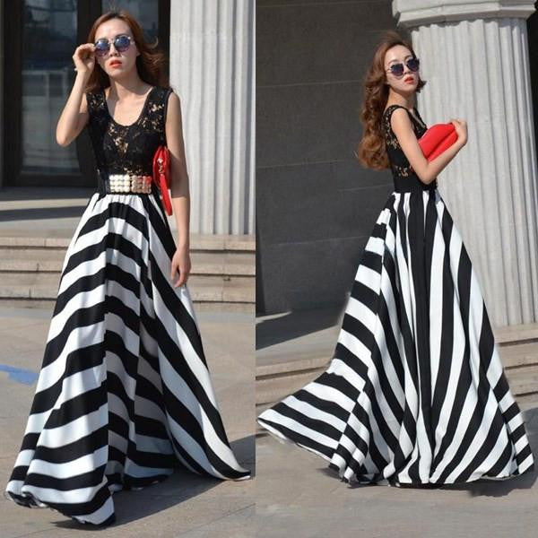 Vestidos Women Summer Hollow Out Lace Patchwork Stripe Sleeveless O-neck Boho Beach Long Maxi Party Dresses Plus Size