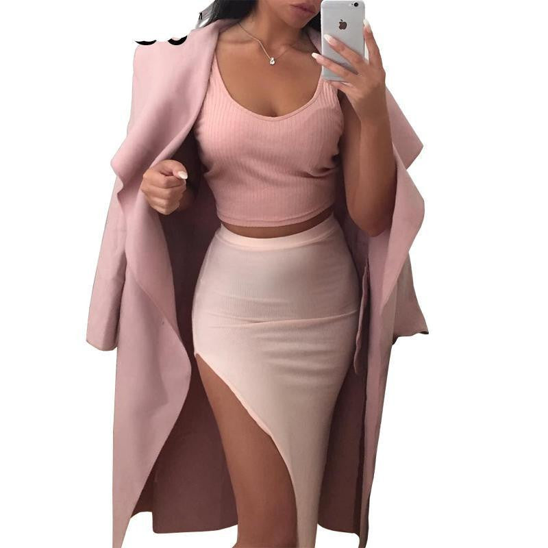 Online discount shop Australia - BerryGo Warm turndown collar jacket coat Women ruffled belt black long coat  overcoat female pink outerwear
