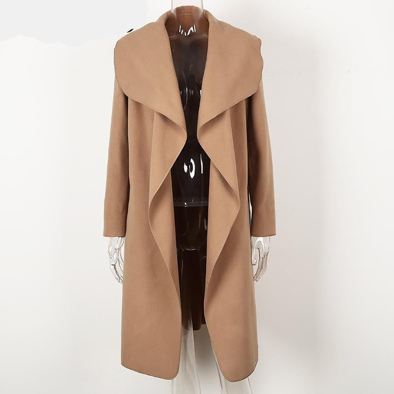 Online discount shop Australia - BerryGo Warm turndown collar jacket coat Women ruffled belt black long coat  overcoat female pink outerwear