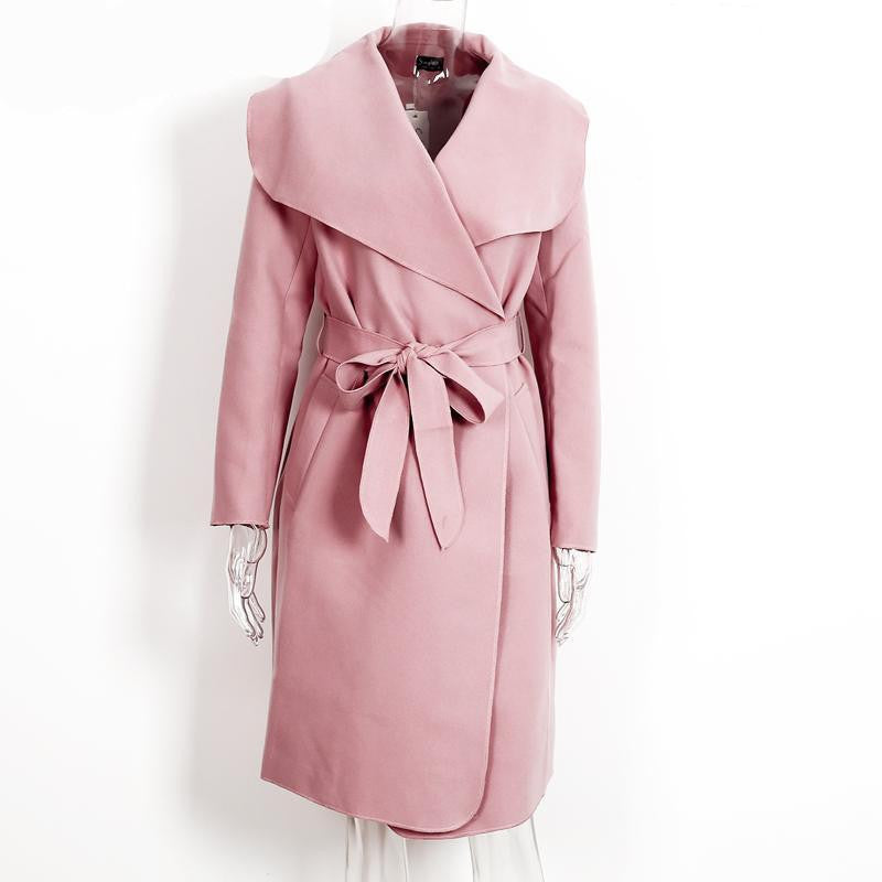 Online discount shop Australia - BerryGo Warm turndown collar jacket coat Women ruffled belt black long coat  overcoat female pink outerwear