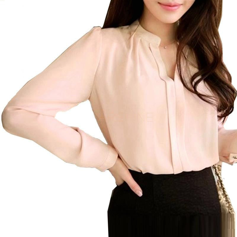 Women Chiffon Shirt Blouse Ladies White Pink Elegant V-neck Long Sleeve Shirts Female Office Shirt Plus Size