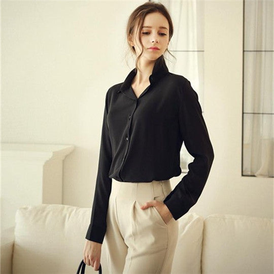 Women Chiffon Shirt Blouse Ladies White Pink Elegant V-neck Long Sleeve Shirts Female Office Shirt Plus Size