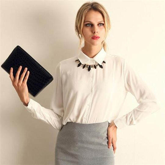 Women Chiffon Shirt Blouse Ladies White Pink Elegant V-neck Long Sleeve Shirts Female Office Shirt Plus Size