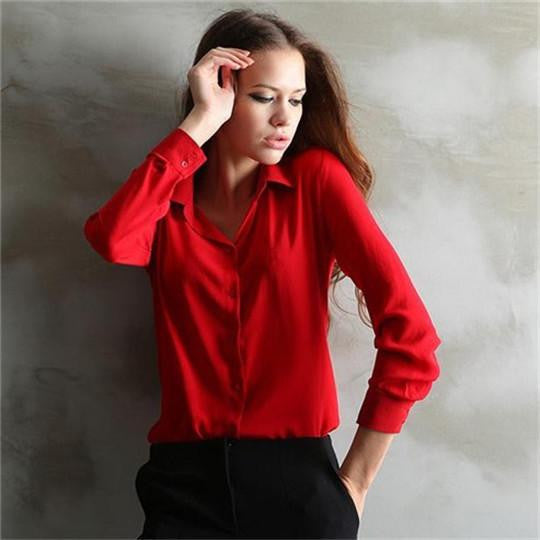 Women Chiffon Shirt Blouse Ladies White Pink Elegant V-neck Long Sleeve Shirts Female Office Shirt Plus Size