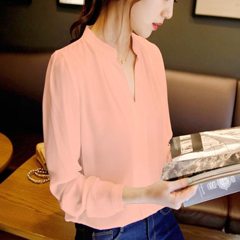 Women Chiffon Shirt Blouse Ladies White Pink Elegant V-neck Long Sleeve Shirts Female Office Shirt Plus Size