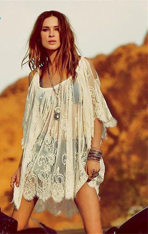 Women Casual Vintage Hippie Boho People Embroidered Floral Lace Crochet Mini Dress lady stylish