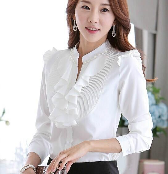 Women Blouses Long Sleeve Slim Chiffon Top Women Shirts Beading chiffon tops