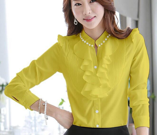 Women Blouses Long Sleeve Slim Chiffon Top Women Shirts Beading chiffon tops