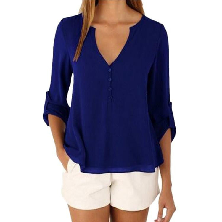 Women Blouse Fashion Casual Deep V Neck Button Slim Waist Long Sleeves Chiffon Shirt