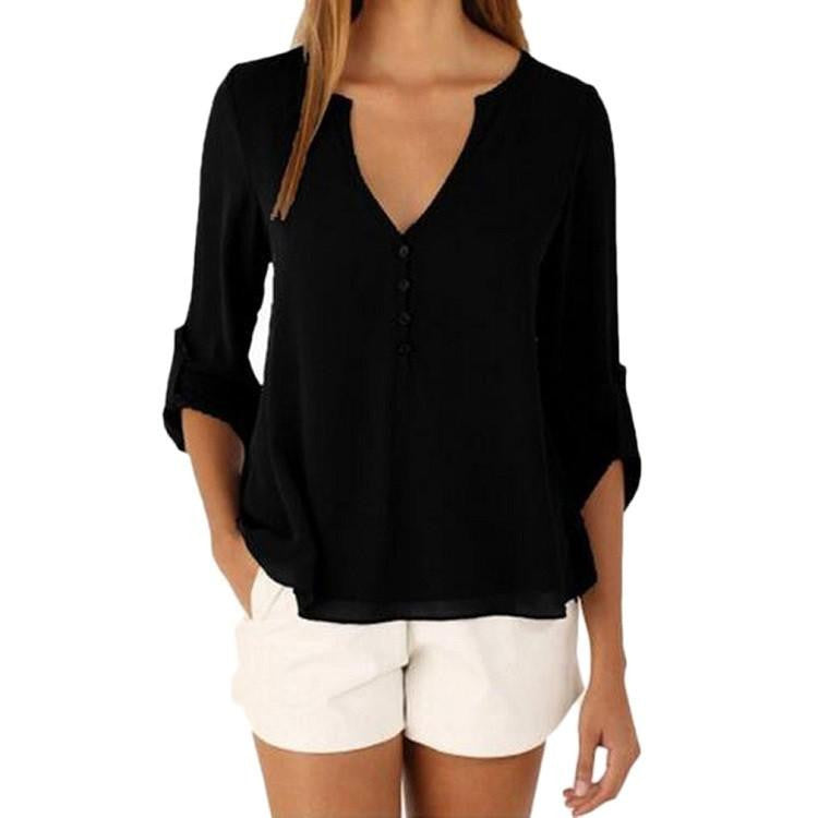 Women Blouse Fashion Casual Deep V Neck Button Slim Waist Long Sleeves Chiffon Shirt
