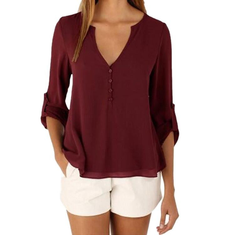 Women Blouse Fashion Casual Deep V Neck Button Slim Waist Long Sleeves Chiffon Shirt
