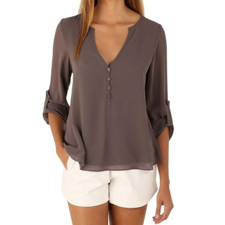 Women Blouse Fashion Casual Deep V Neck Button Slim Waist Long Sleeves Chiffon Shirt