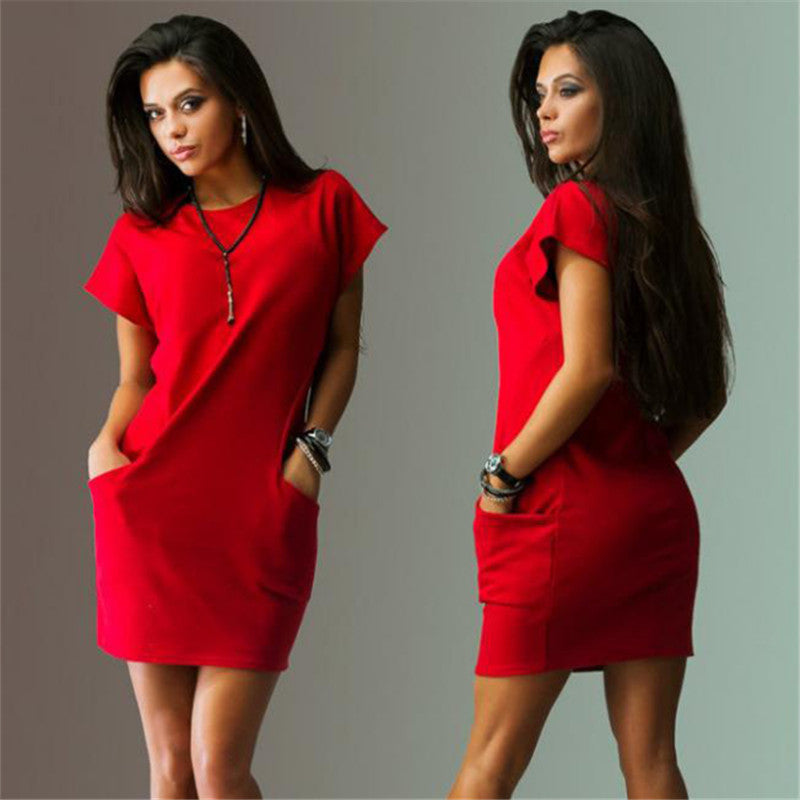Sleeve Casual Batwing women Dresses casual mini dress solid color short sleeve o-neck dresses with two side pockets