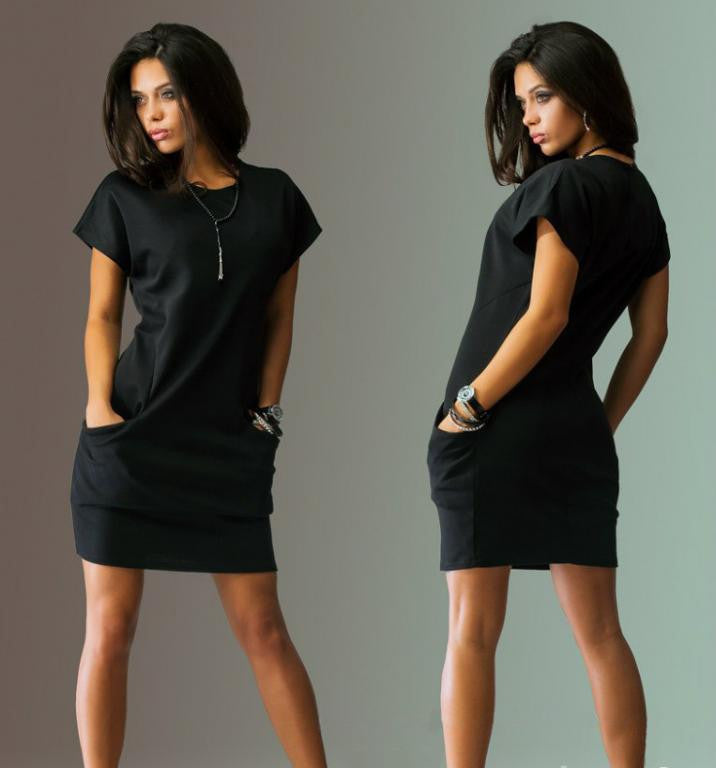 Sleeve Casual Batwing women Dresses casual mini dress solid color short sleeve o-neck dresses with two side pockets