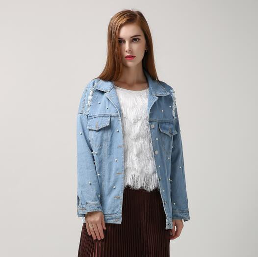 Online discount shop Australia - korean denim jacket women basic coats pearl bead ripped hole long sleeves streetwear new clothing