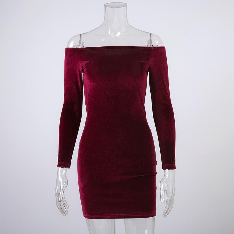 Off Shoulder Wine Red Sheath Velvet Dress Women Winter Party Long Sleeve Elegant Pencil Bodycon Ladies Dress Vestidos