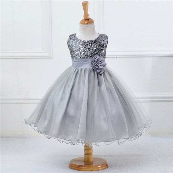 Princess Girl O-neck Sleeveless Sequined Floral Ball Gown Party Dresses One Piece Daily Dress