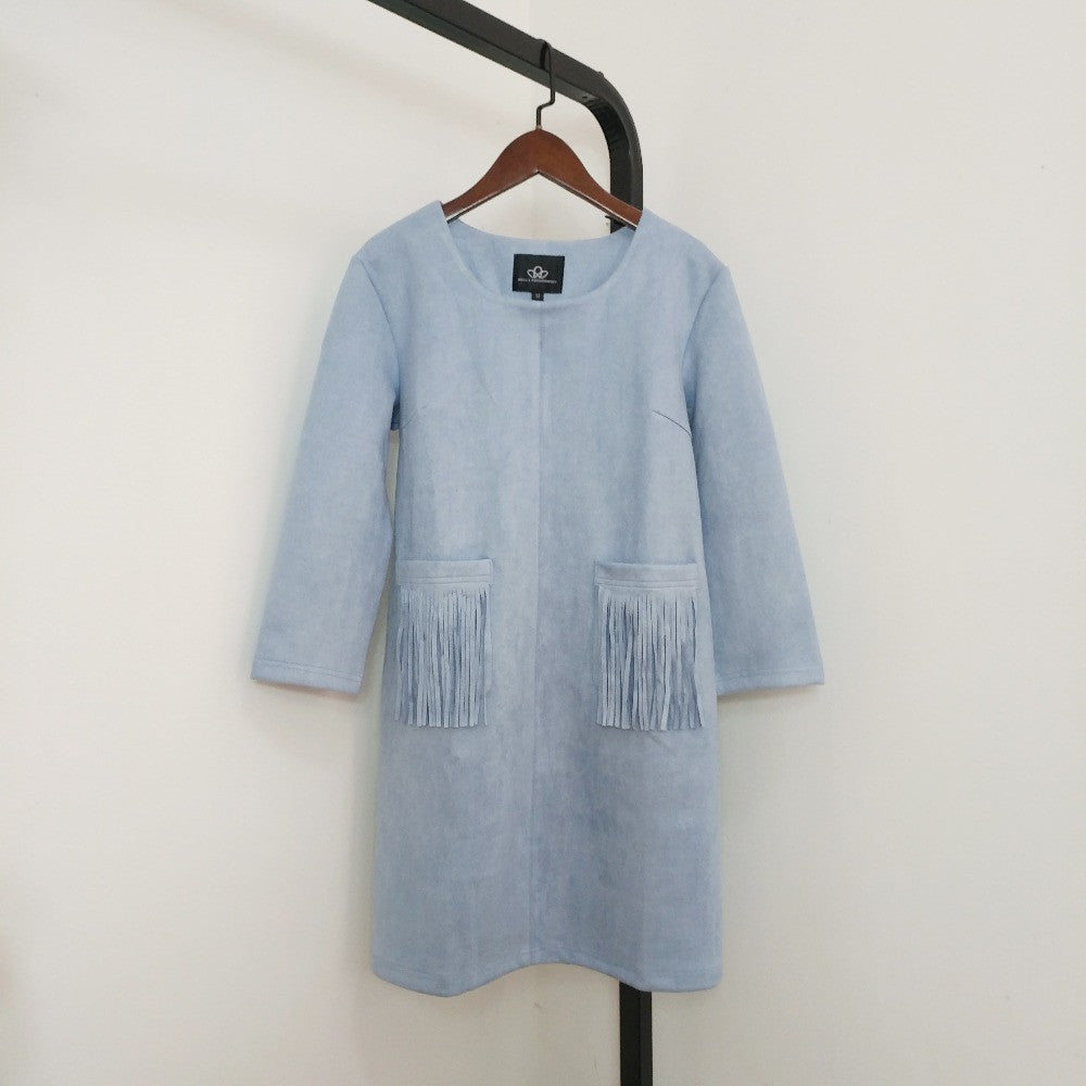 Online discount shop Australia - autumn winter new women's pocket tassels fringed pink black khaki blue faux suede dress long sleeve