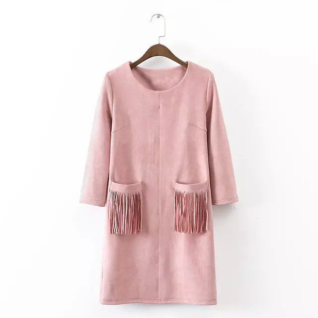 Online discount shop Australia - autumn winter new women's pocket tassels fringed pink black khaki blue faux suede dress long sleeve