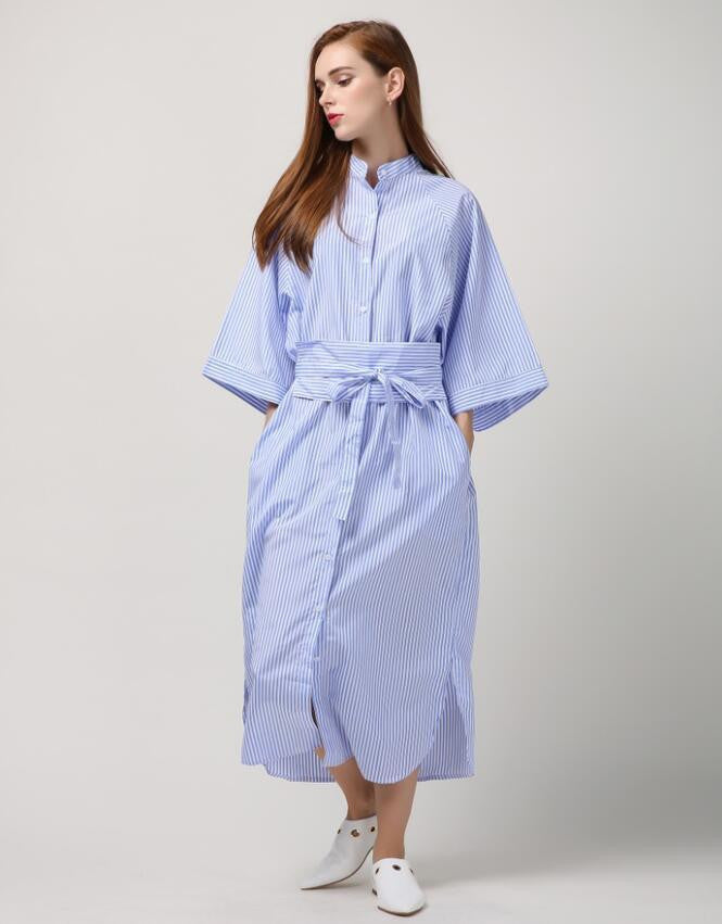 Spring Striped Long Retro Vintage Bandage Dress Women Shirt Fashion Clothing Pink Blue Green 3 Colors