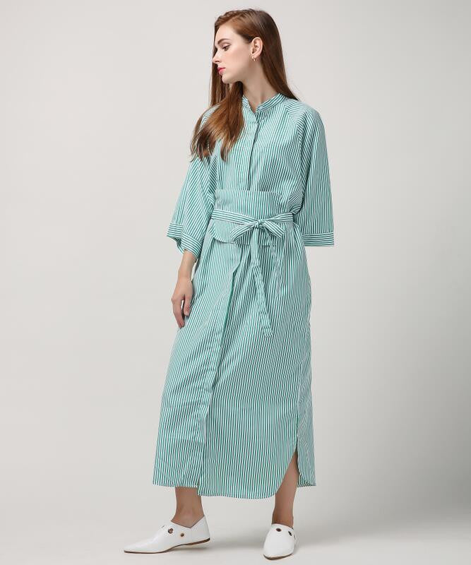 Spring Striped Long Retro Vintage Bandage Dress Women Shirt Fashion Clothing Pink Blue Green 3 Colors