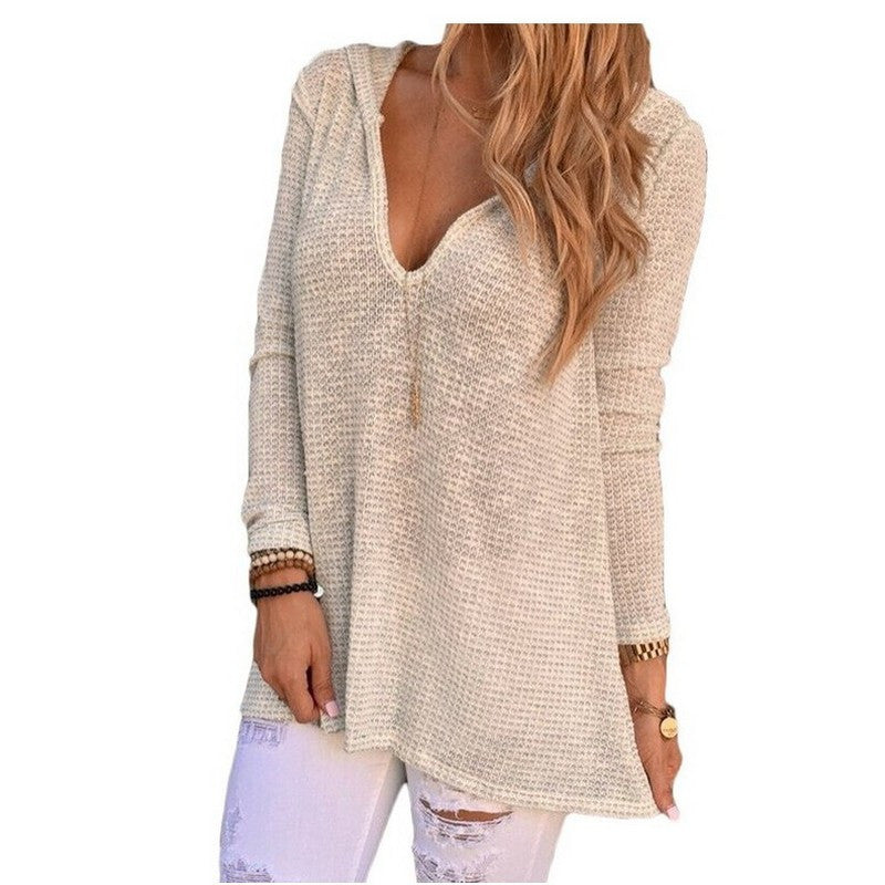 Online discount shop Australia - Fall  Tops Hollow Out Beige T Shirt Women V Neck Hooded Knitwear Pullover T-shirt Stretch Tee Shirt