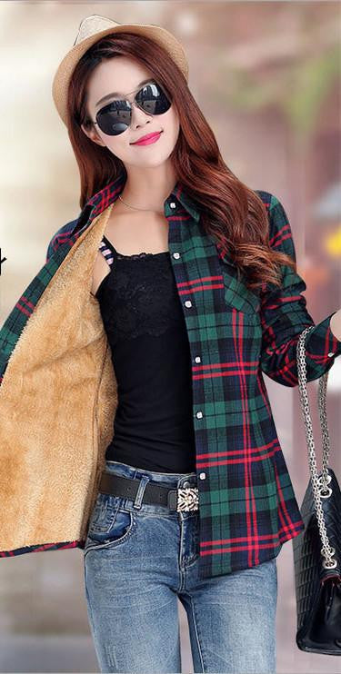 Velvet Thick Warm Women's Plaid Shirt Female Long Sleeve Tops Plus Size Check Blouse