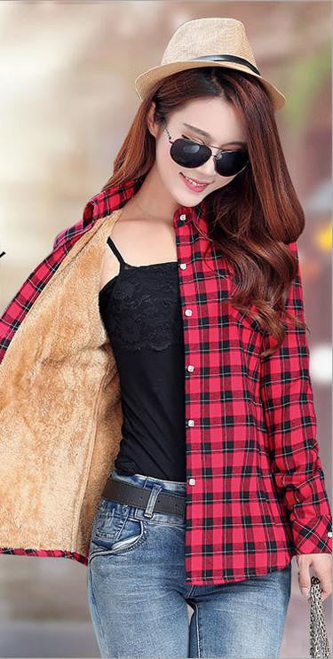 Velvet Thick Warm Women's Plaid Shirt Female Long Sleeve Tops Plus Size Check Blouse