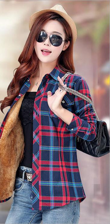 Velvet Thick Warm Women's Plaid Shirt Female Long Sleeve Tops Plus Size Check Blouse